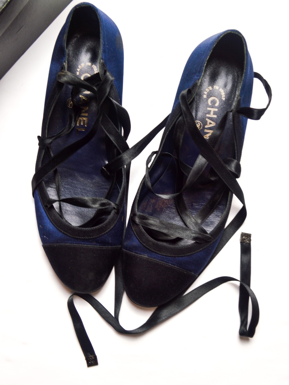 CHANEL Navy and Black Ribbon Tie Ballet Flats